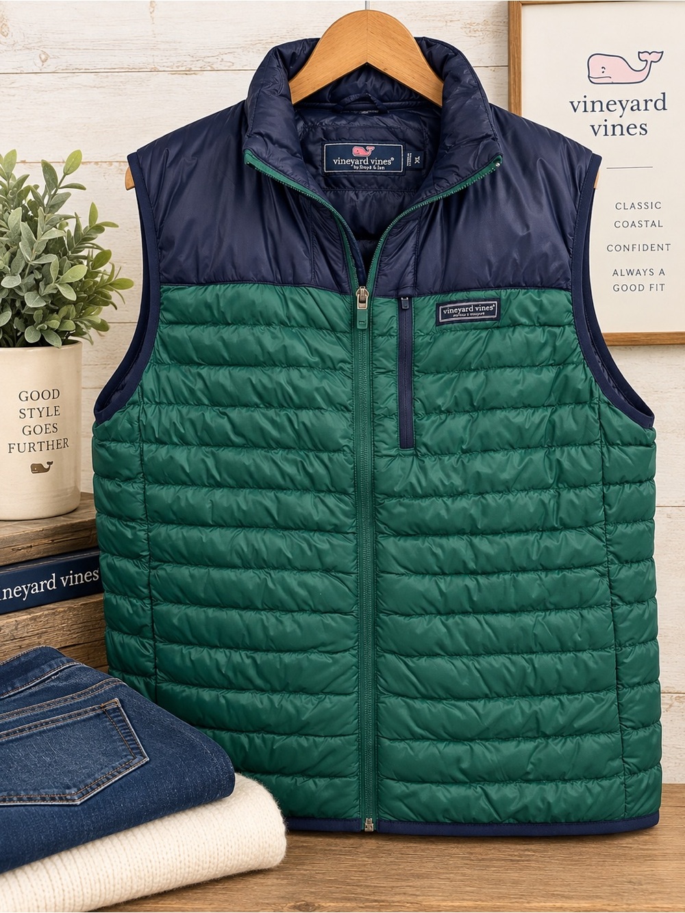 Vineyard Vines Men’s Puffer Vest XL Navy Green Quilted Full Zip NWOT